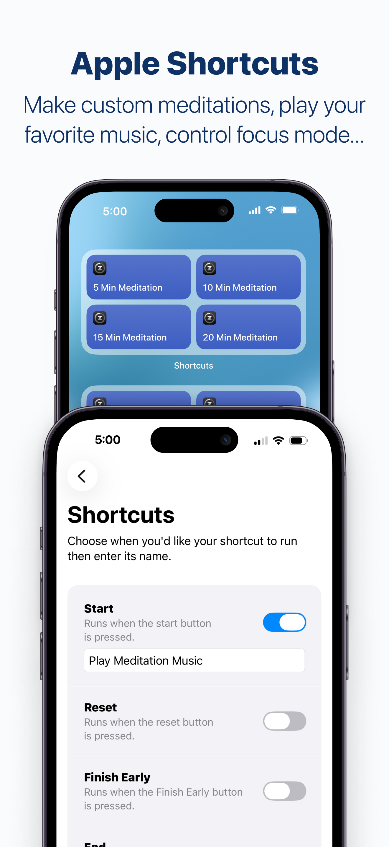 Apple Shortcuts: create custom meditations, play favorite music, and control Focus mode. Meditation shortcuts and an automation to play music at the start of a session are shown.