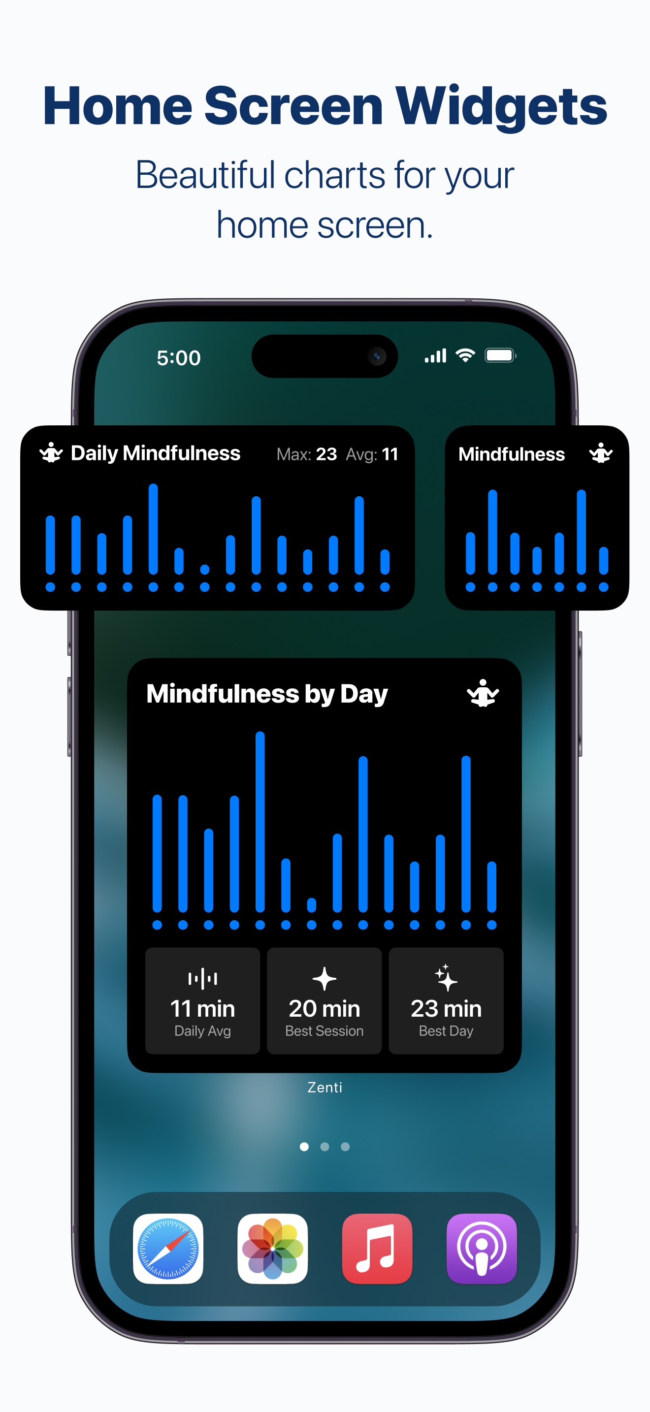 Home Screen Widgets: view daily mindfulness charts in three widget sizes, with daily average, best session, and best day statistics.