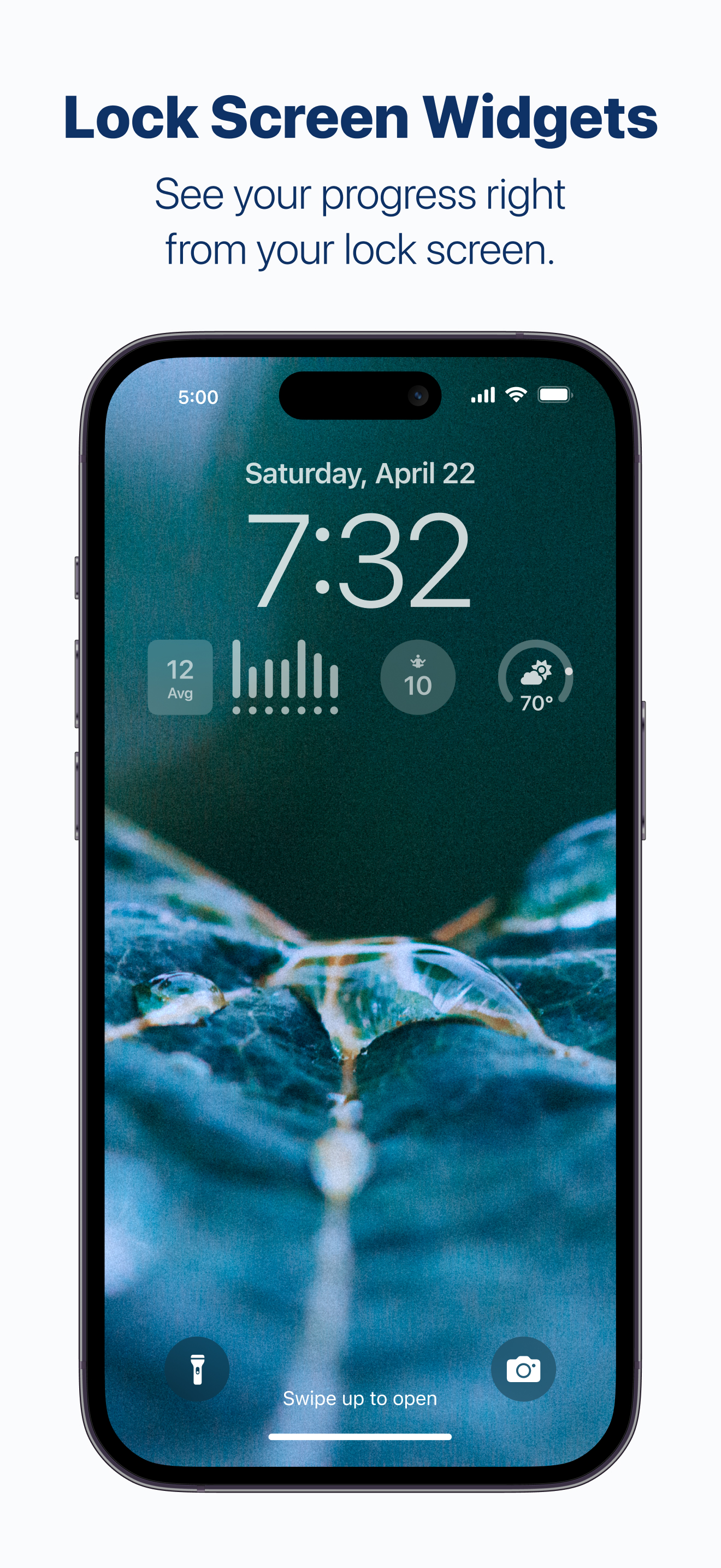 Lock Screen Widgets: see meditation progress on the iPhone lock screen with an average, a bar chart, and a meditation widget.