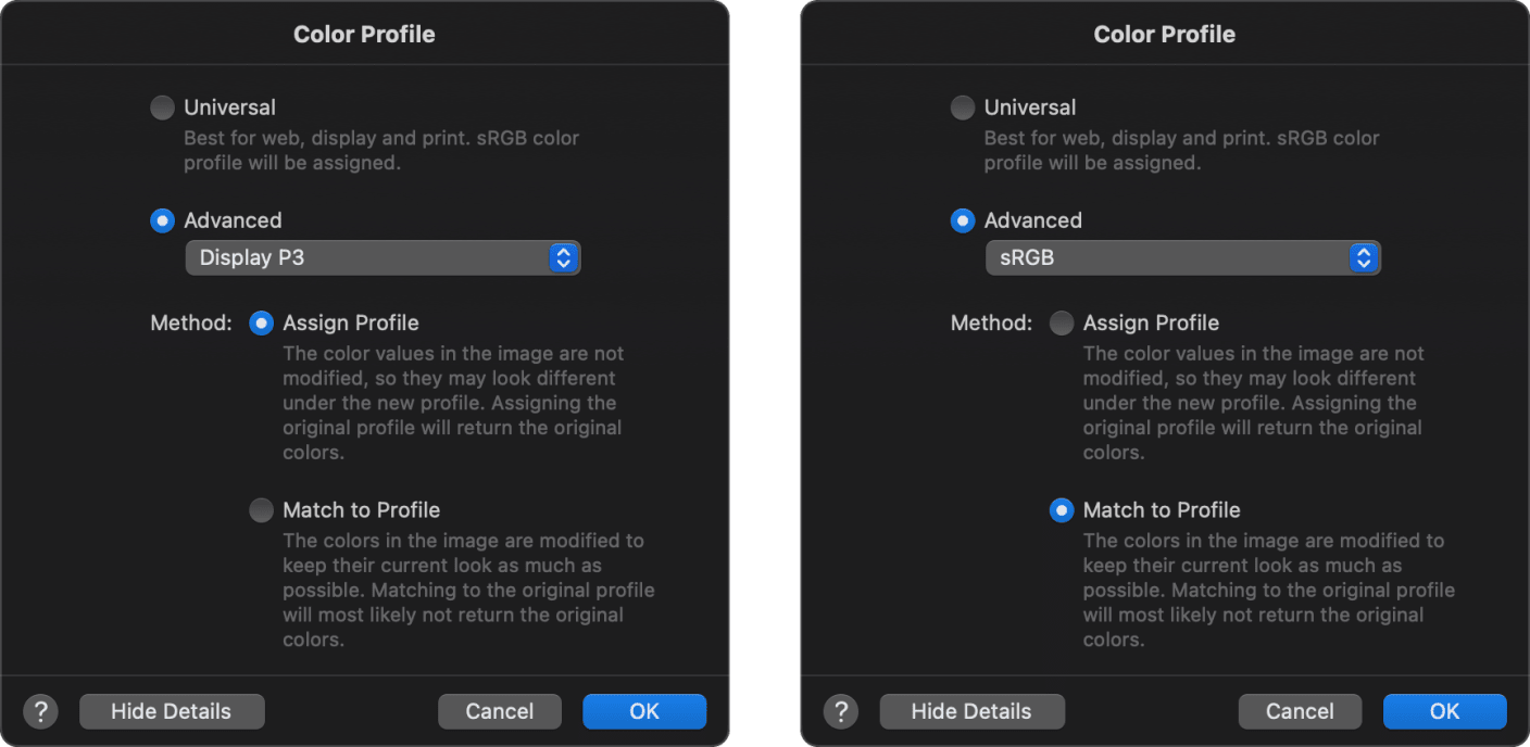 screenshot of pixelmator pro color profile setup