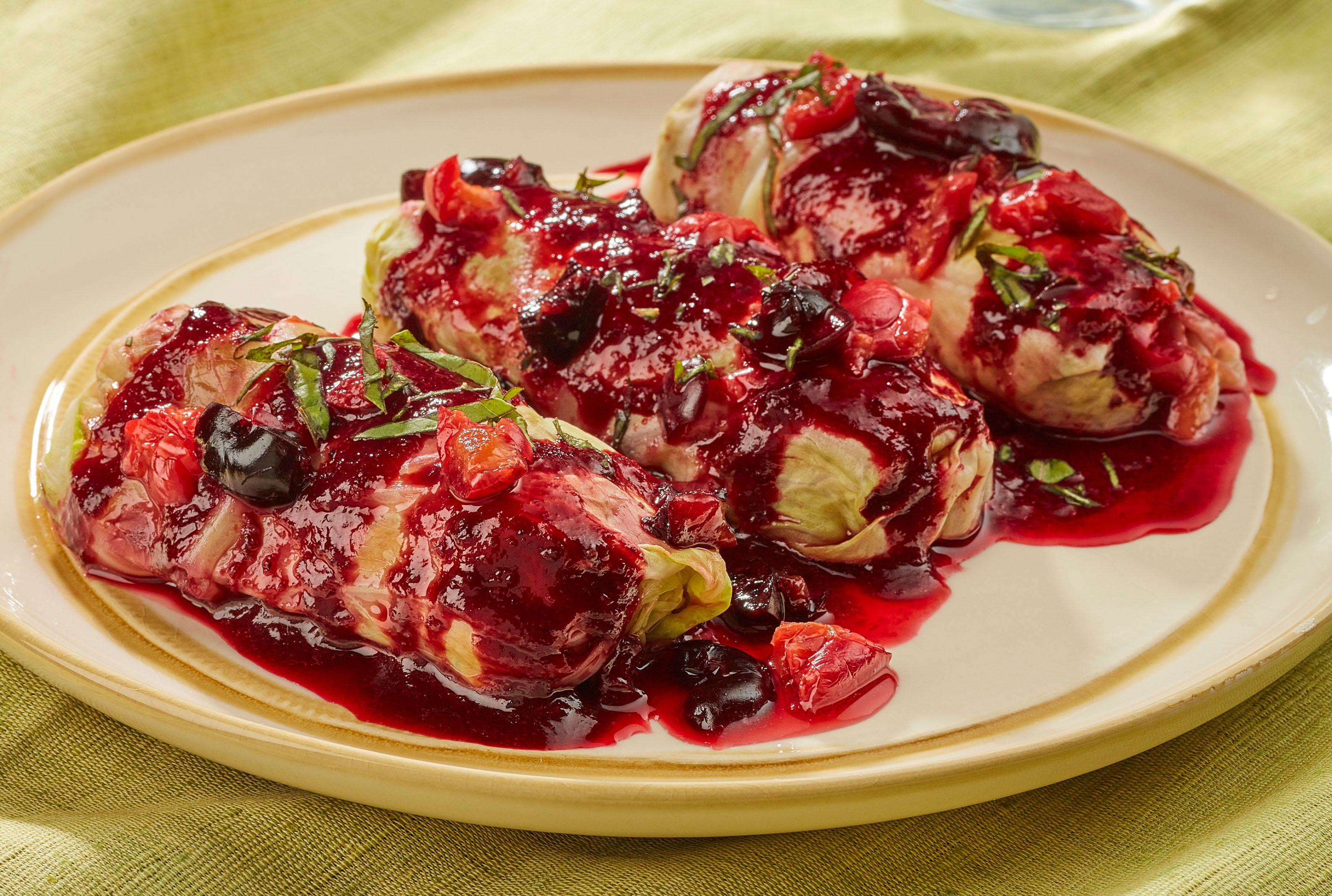 Cherry Glazed Pork Golabki (Stuffed Cabbage Rolls)