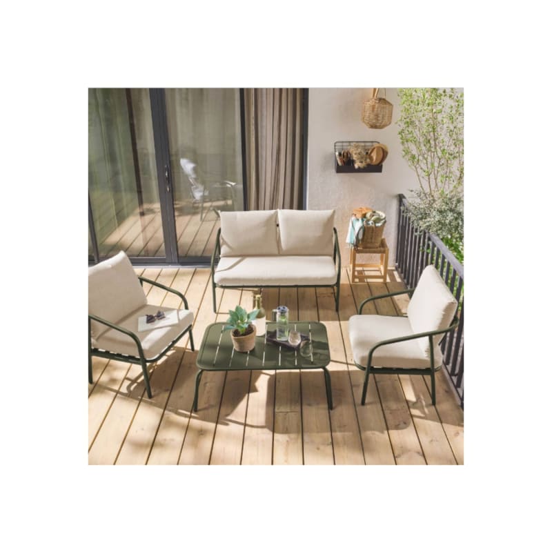 Salon de jardin en métal 4 places kaki. coussins beige. design épuré - Image 3