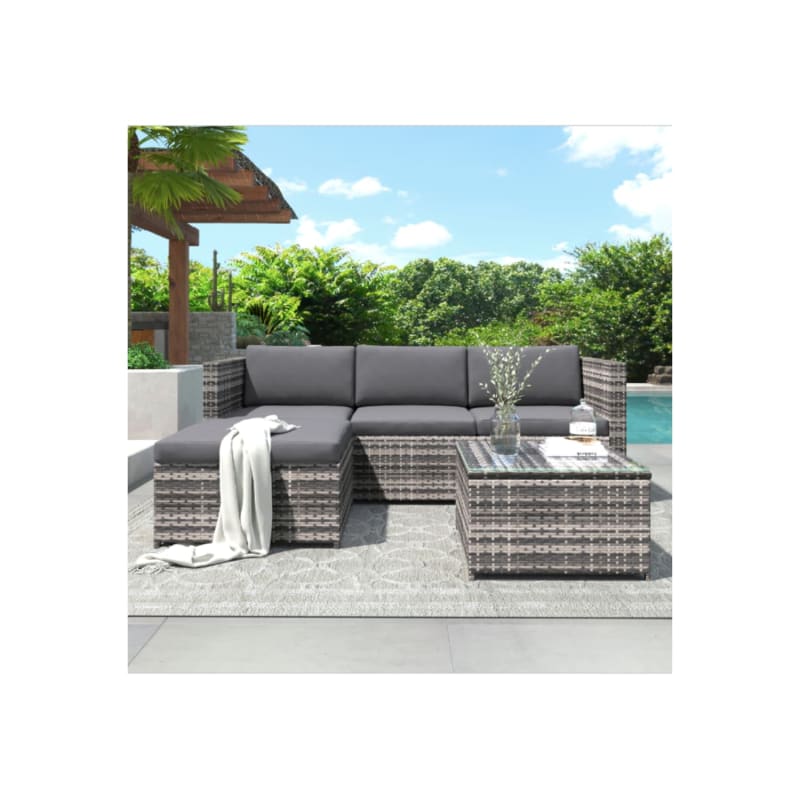 Salon de jardin en résine tressée – Canapé d’angle extérieur avec table basse – 4 places – Gris - Image 2