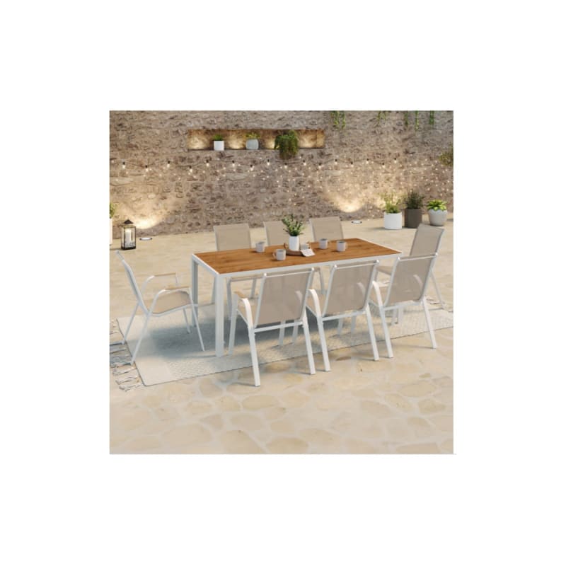 Salon de jardin NOUMEA table 190 cm plateau verre trempé effet bois et 8 chaises empilables blanc et bois - Image 2
