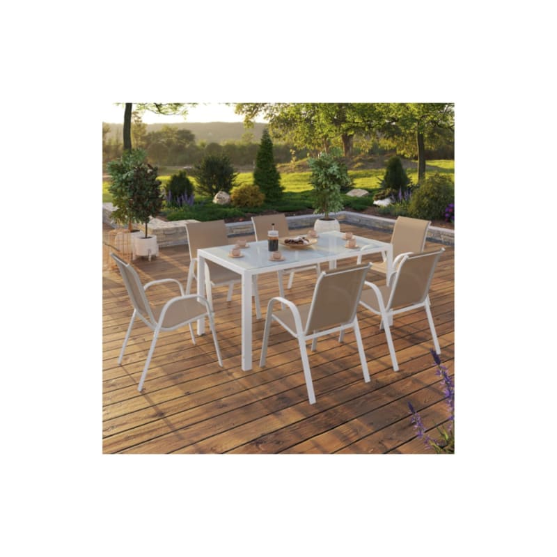 Salon de jardin MADRID table 150 CM et 6 chaises empilables blanc et beige - Image 2