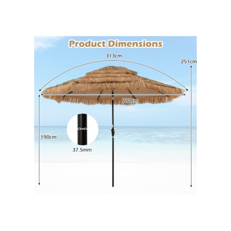 3M Parasol en Paille PE avec 32 LED Solaires, Parasol Hawaïen Tropical avec Double Toit Inclinable, 8 Baleines, 9 Couches, Manivelle, Anti-UV - Image 3