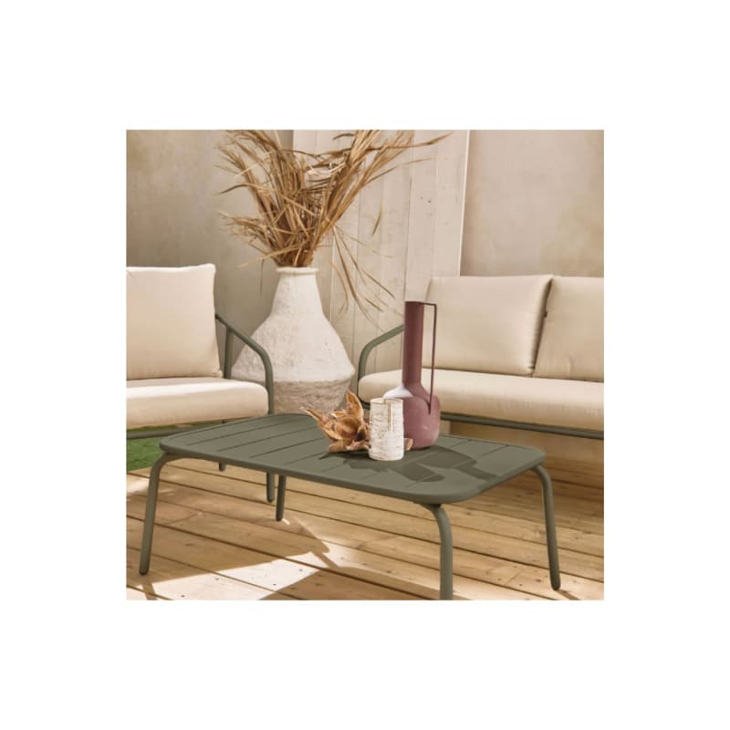 Salon de jardin en métal 4 places kaki. coussins beige. design épuré - Image 2