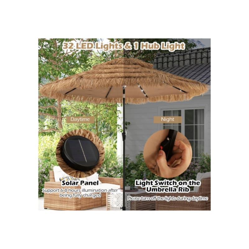 3M Parasol en Paille PE avec 32 LED Solaires, Parasol Hawaïen Tropical avec Double Toit Inclinable, 8 Baleines, 9 Couches, Manivelle, Anti-UV - Image 4