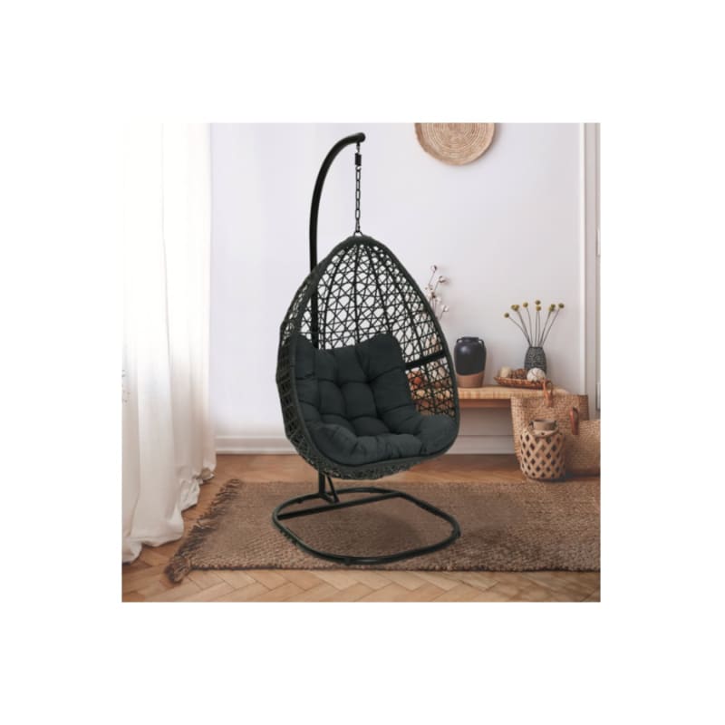 Fauteuil lune suspendu ajouré effet rotin avec coussin gris - Image 3