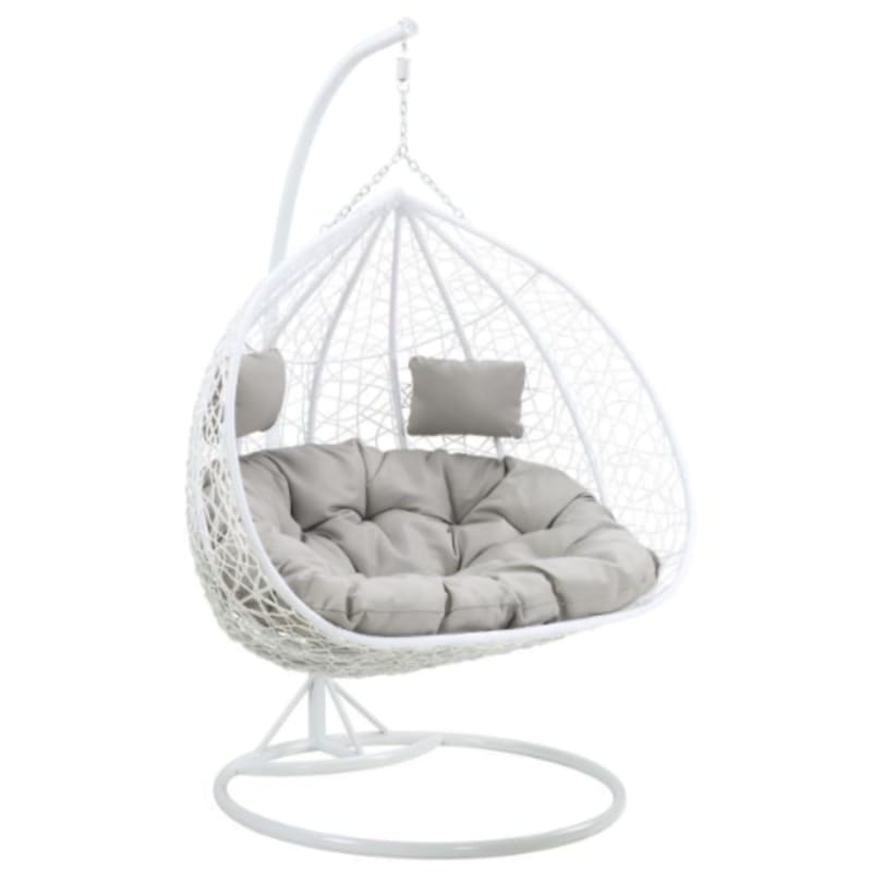 Fauteuil suspendu 2 places en résine tressée – Blanc avec coussins gris – CAYAMBE de MYLIA
