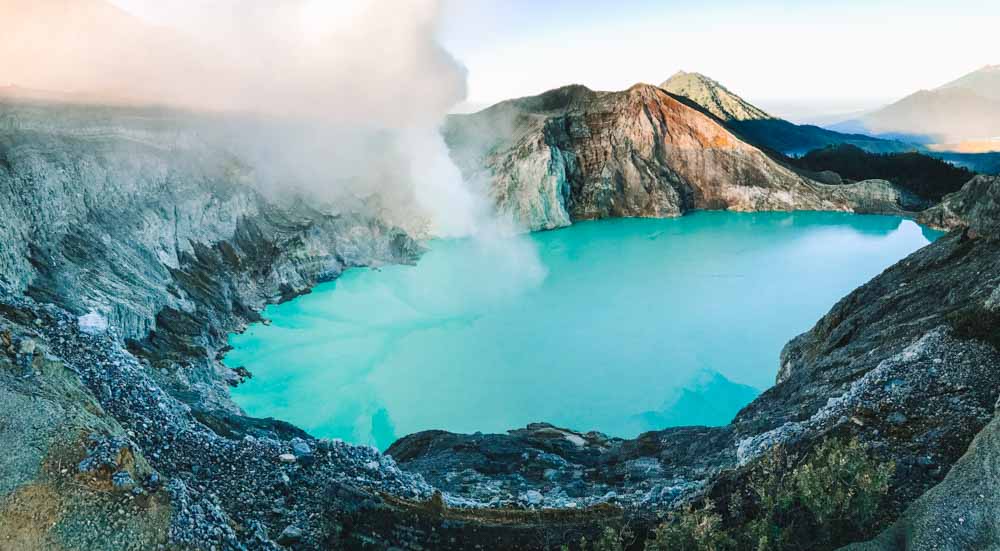 Turquoise crater lake at Kawah Ijen, East Java