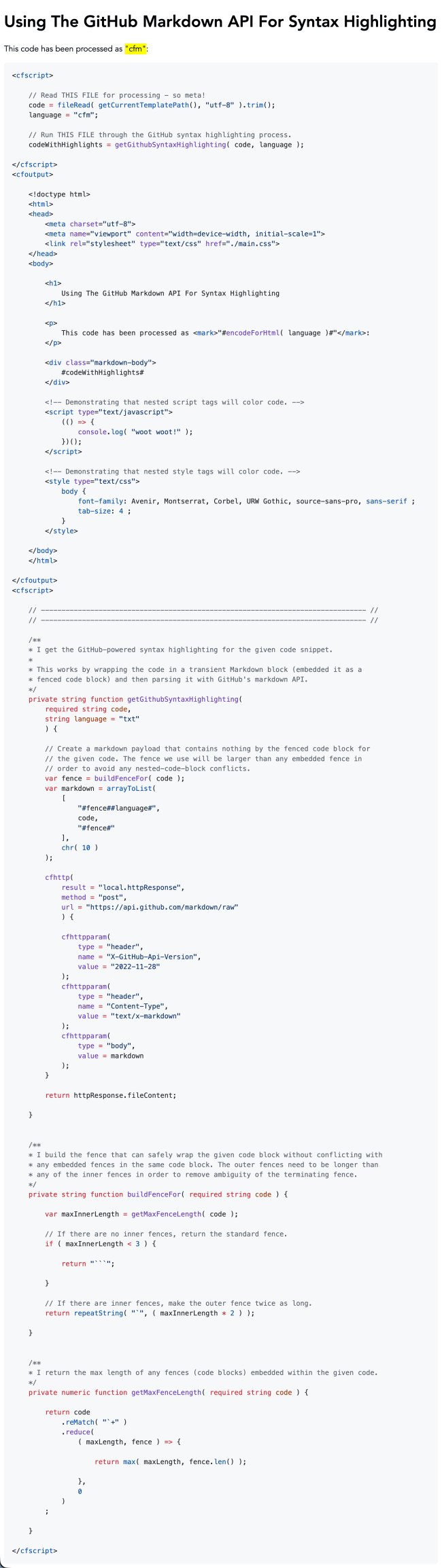 Using The GitHub Markdown API To Apply Syntax Highlighting In ColdFusi