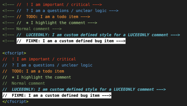 Better Comments extension for CFML development in VSCode