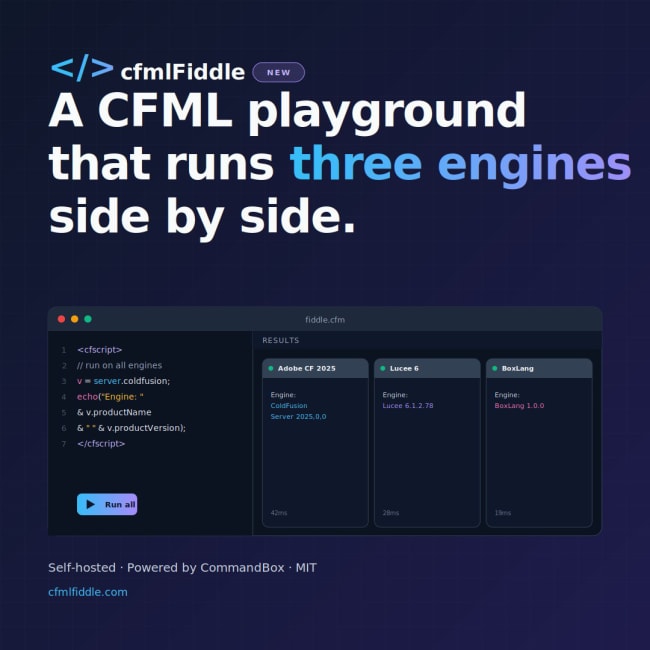 cfmlFiddle - Compare ColdFusion, Lucee, and BoxLang Side-by-Side