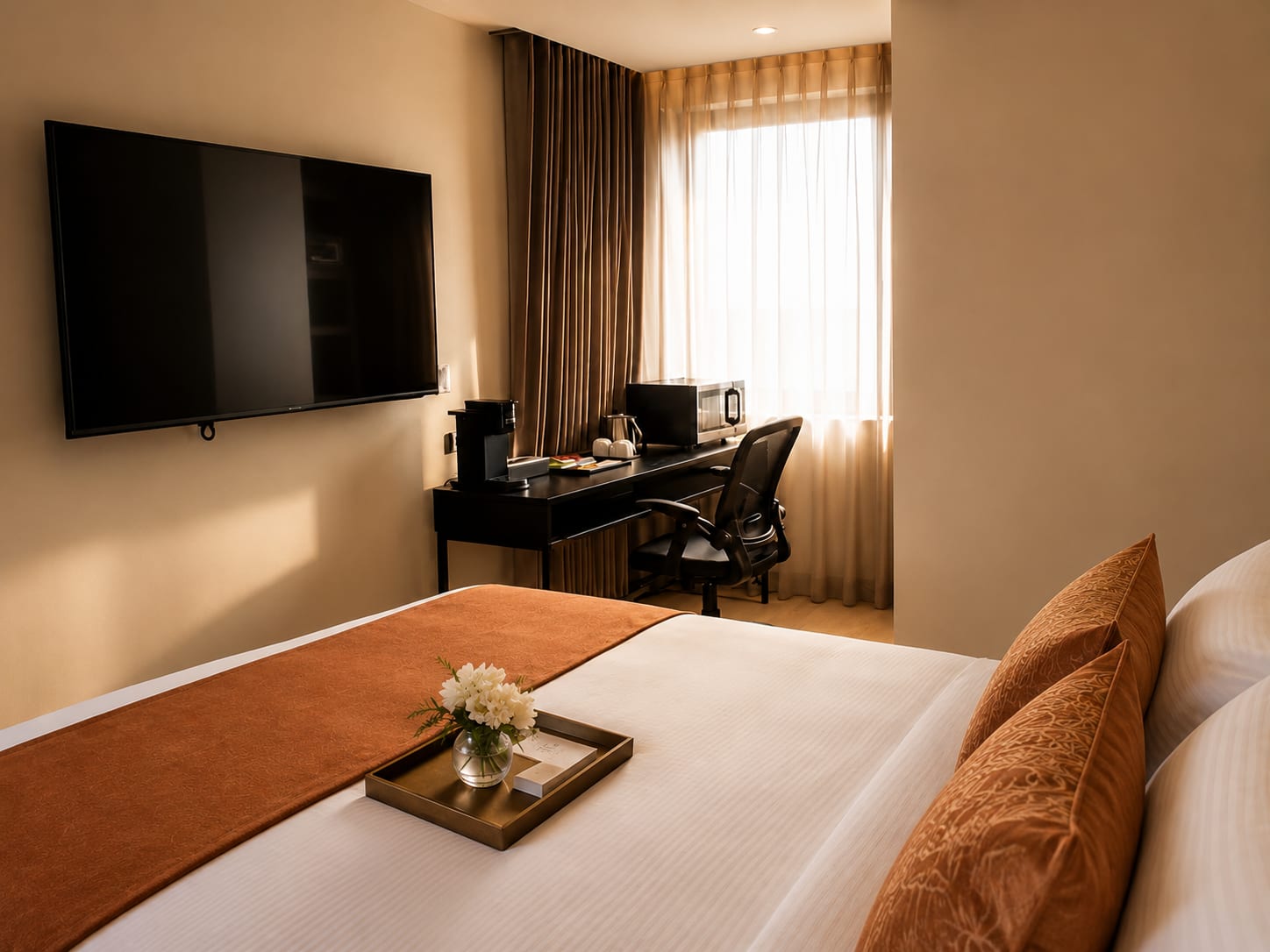 Warm guest room with queen bed at Grand Resort and Residences Belize