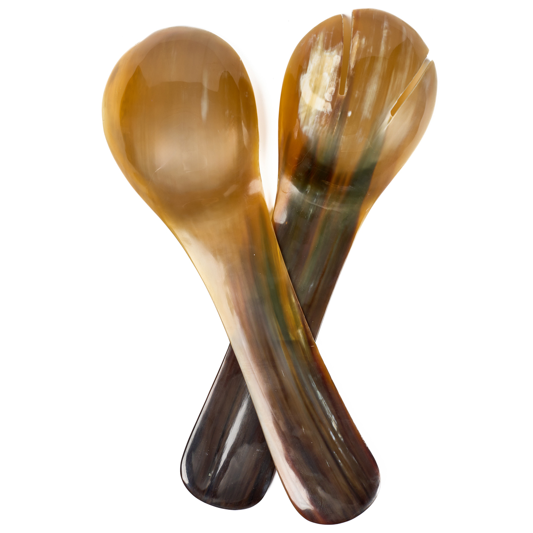 Hand-Carved Cow Horn Salad Server Set - Set of Two.