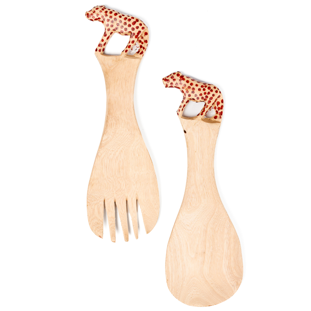 Hand-Carved Leopard Motif Wooden Salad Server Set