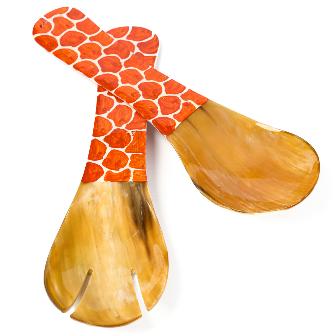 Hand-Painted Ankole Horn Salad Servers – Giraffe Motif