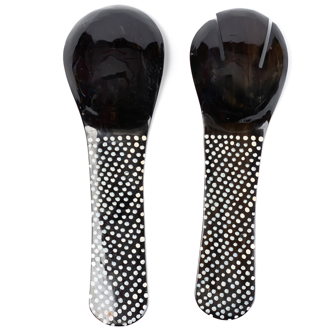 Hand-Carved Dark Horn Salad Servers – White Dotted Motif