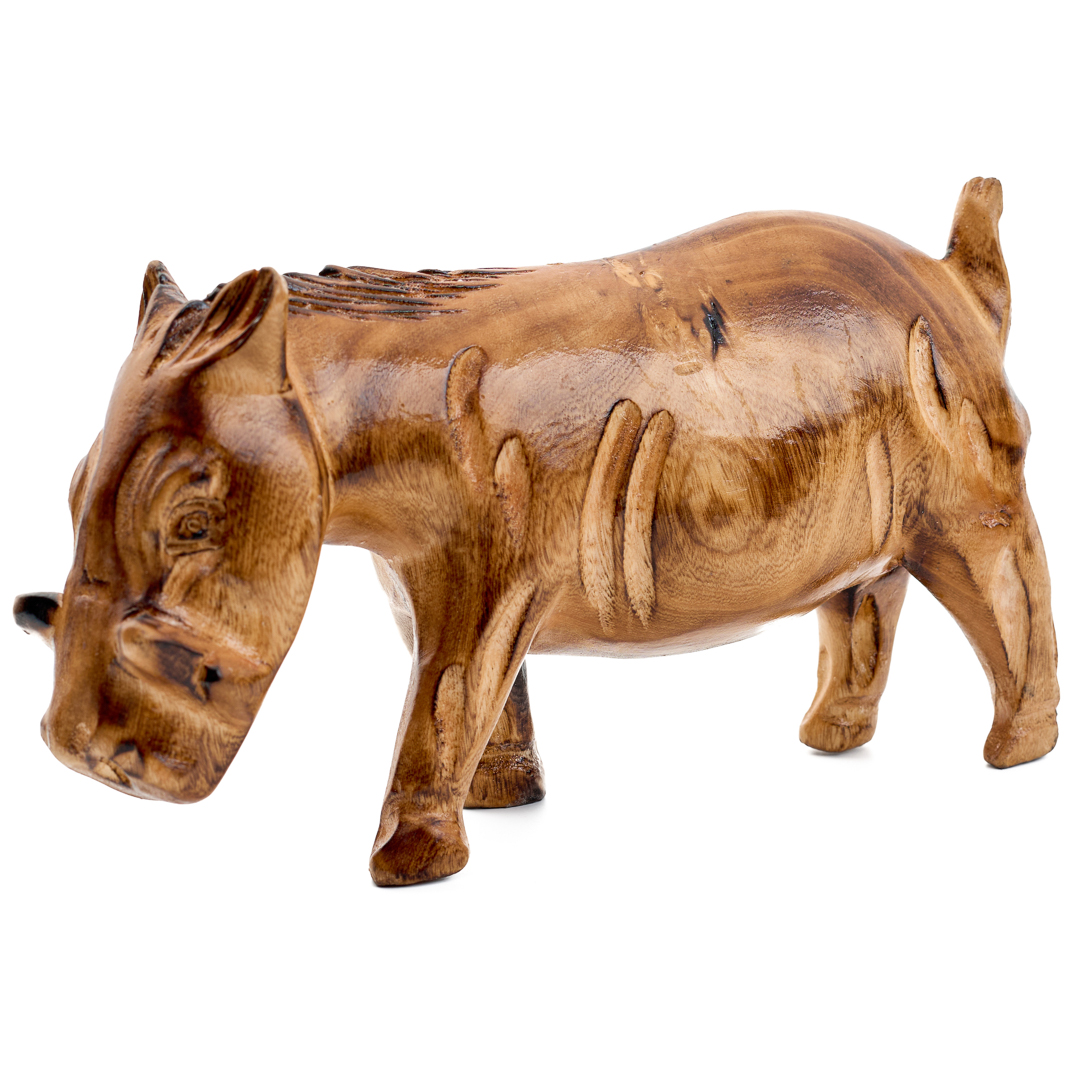 Hand-Carved Hardwood Warthog Sculpture