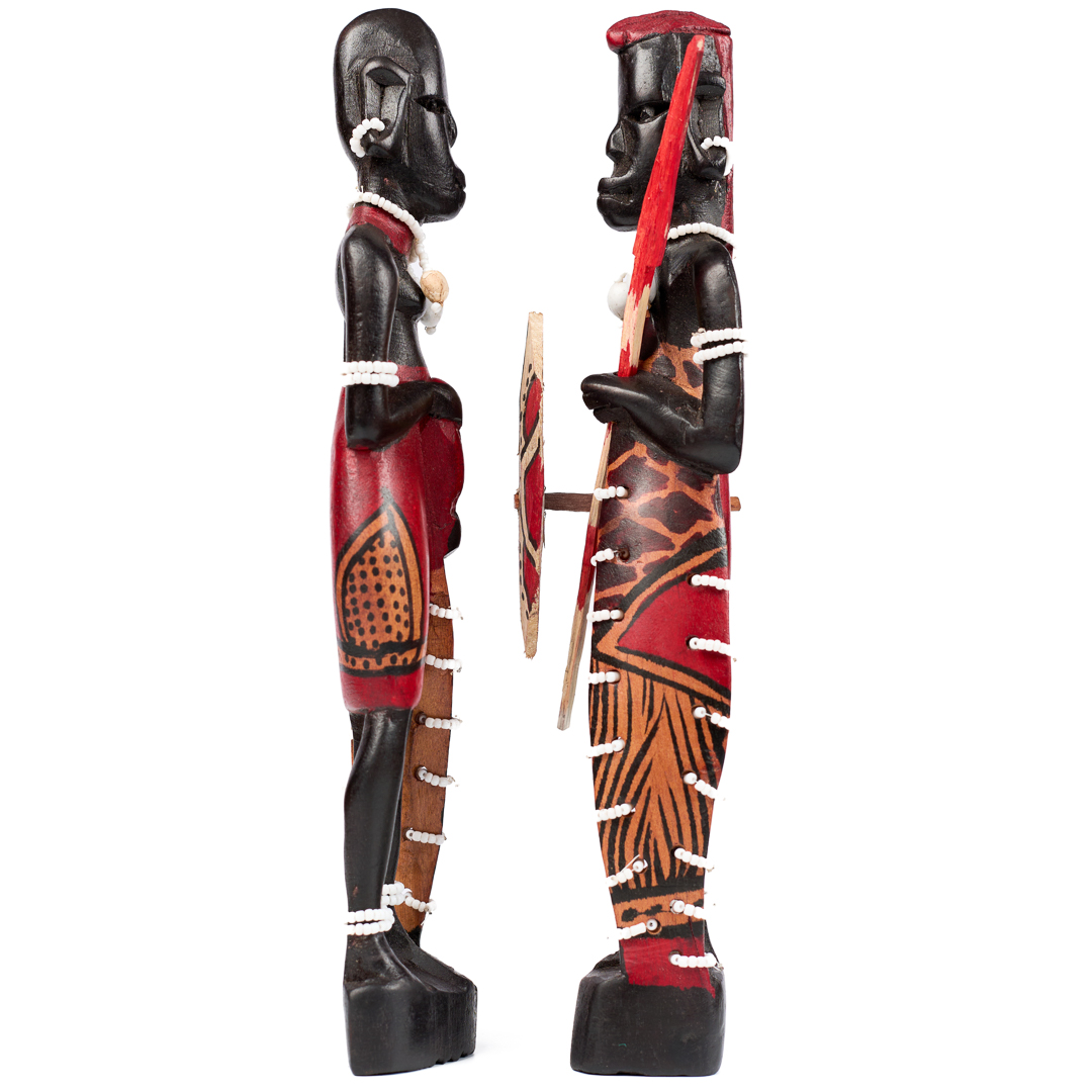 Hand-Carved Maasai Couple Sculptures – Beaded & Painted Detailing