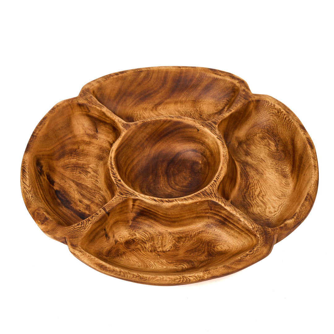 vintage Artisan Hand-Carved Flower Monkey Pod Wood Leaf Tray .