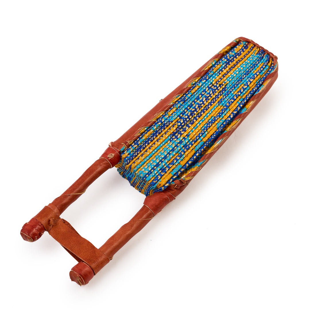 Lapis & Gold Shimmer Ankara Folding Fan with leather Handle