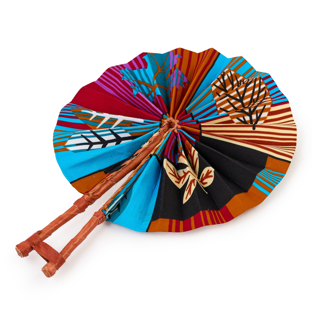 Sunset Silhouette Ankara Folding Fan with Leather Handle