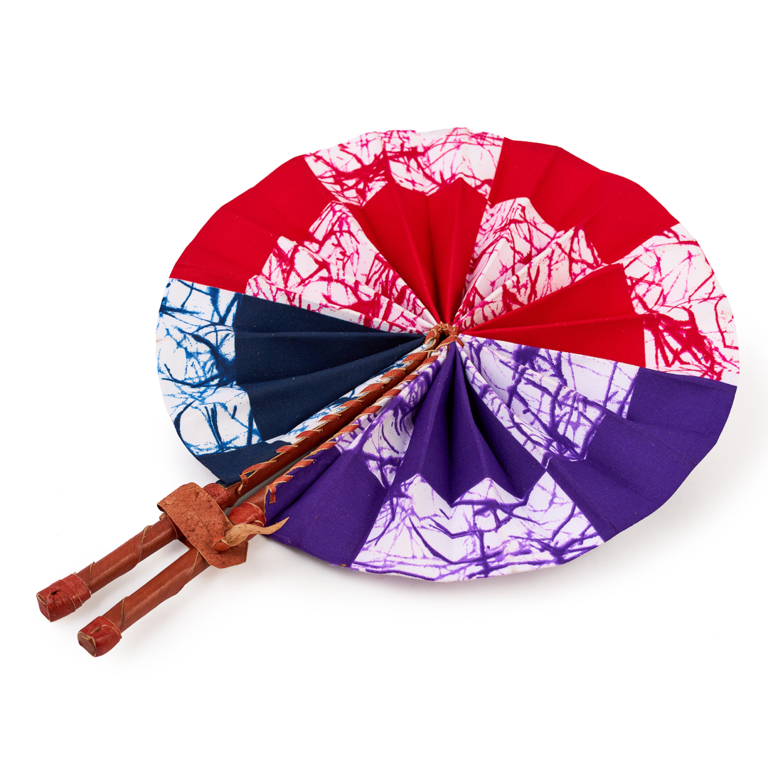 Tricolor Batik Crackle Folding Fan with Leather Handle