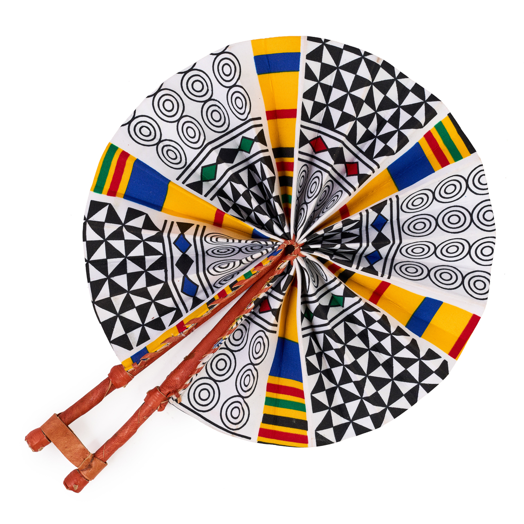Primary Block Geometric Ankara Fan with Leather Handle