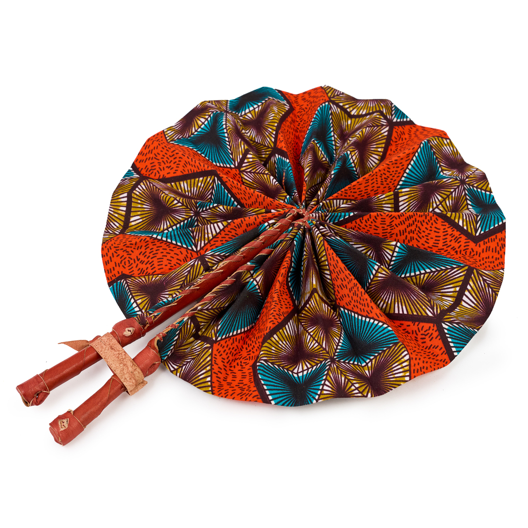 Terracotta & Teal Geometric Ankara Fan with Leather Handle