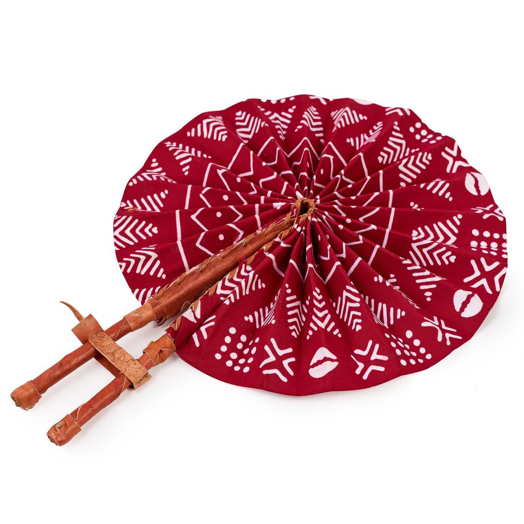 Crimson Cowrie & Tribal Ankara Fan With Leather Handle