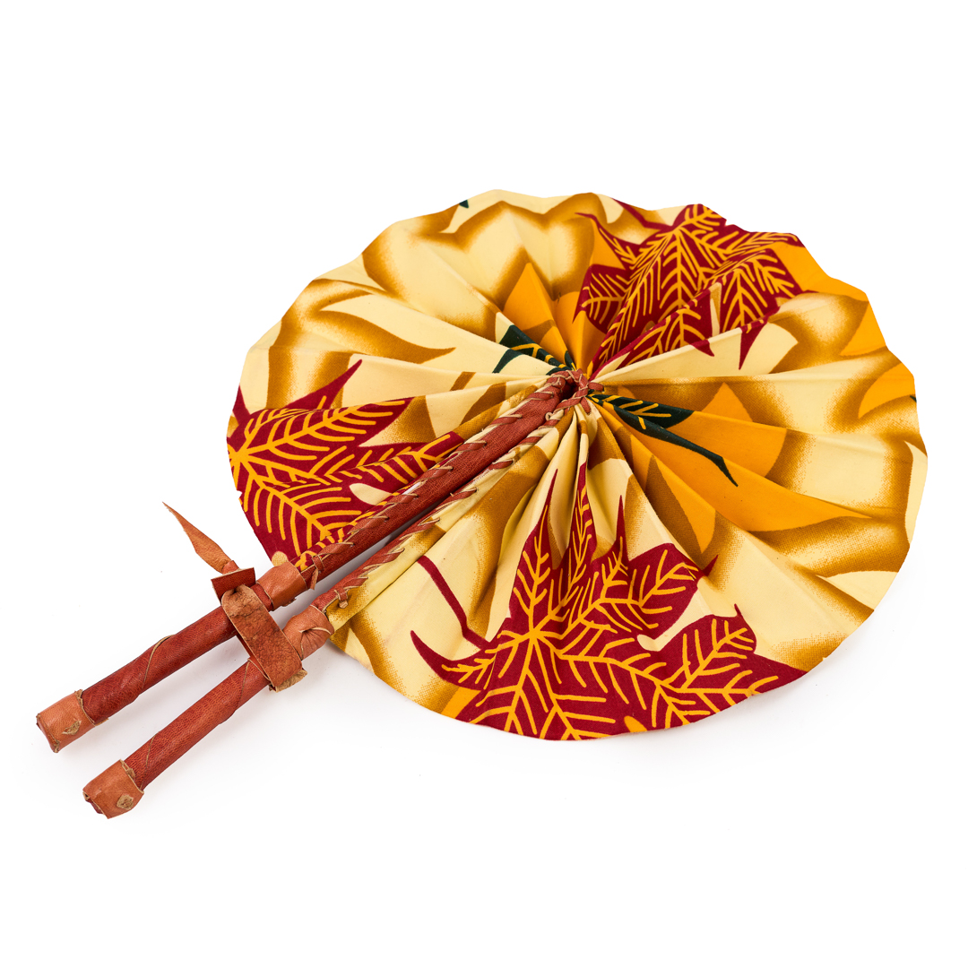 Golden Savanna Leaf Ankara Fan with Leather Handle