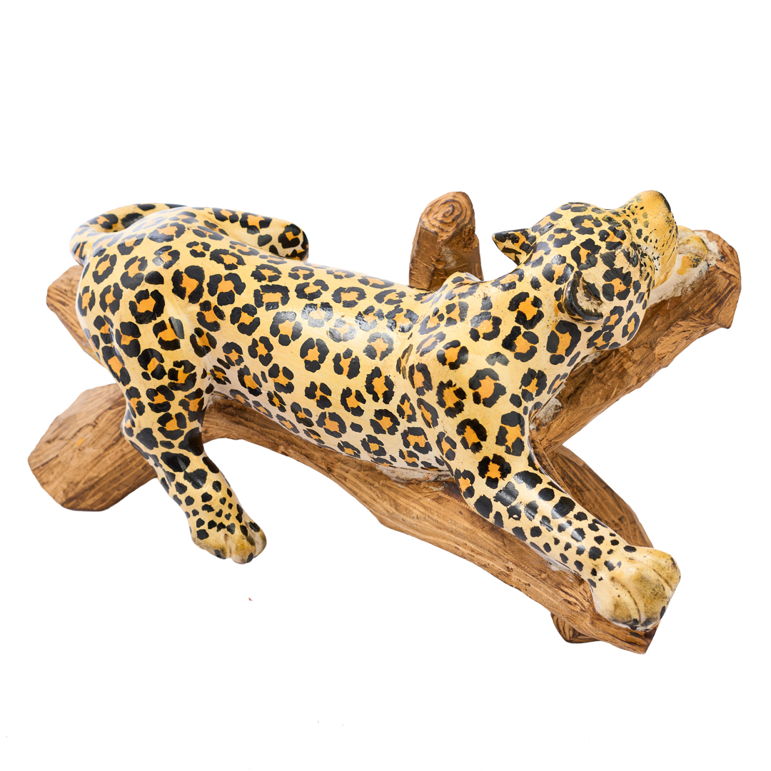 Hand-Painted Wooden Leopard Sculpture on Branch, African Decor