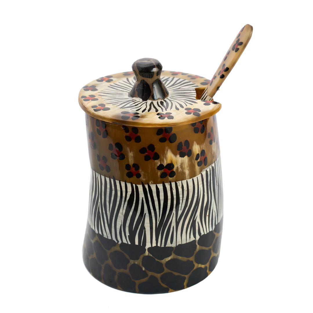 Hand-Carved Safari Motif Cow Horn Pot with Lid & Spoon Set