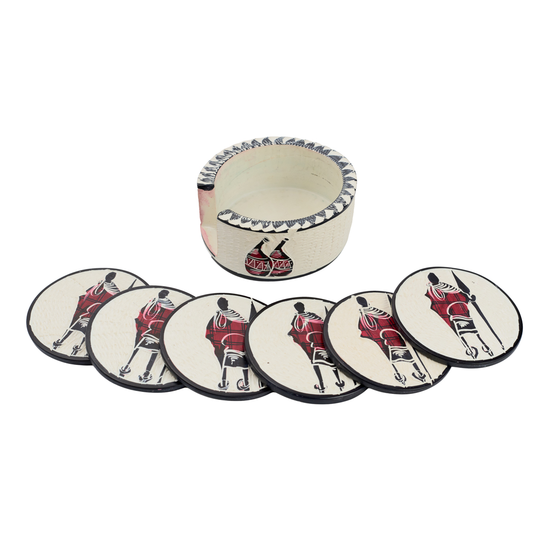 Hand-Carved Soapstone Maasai Warrior Coaster Set (7-Piece)