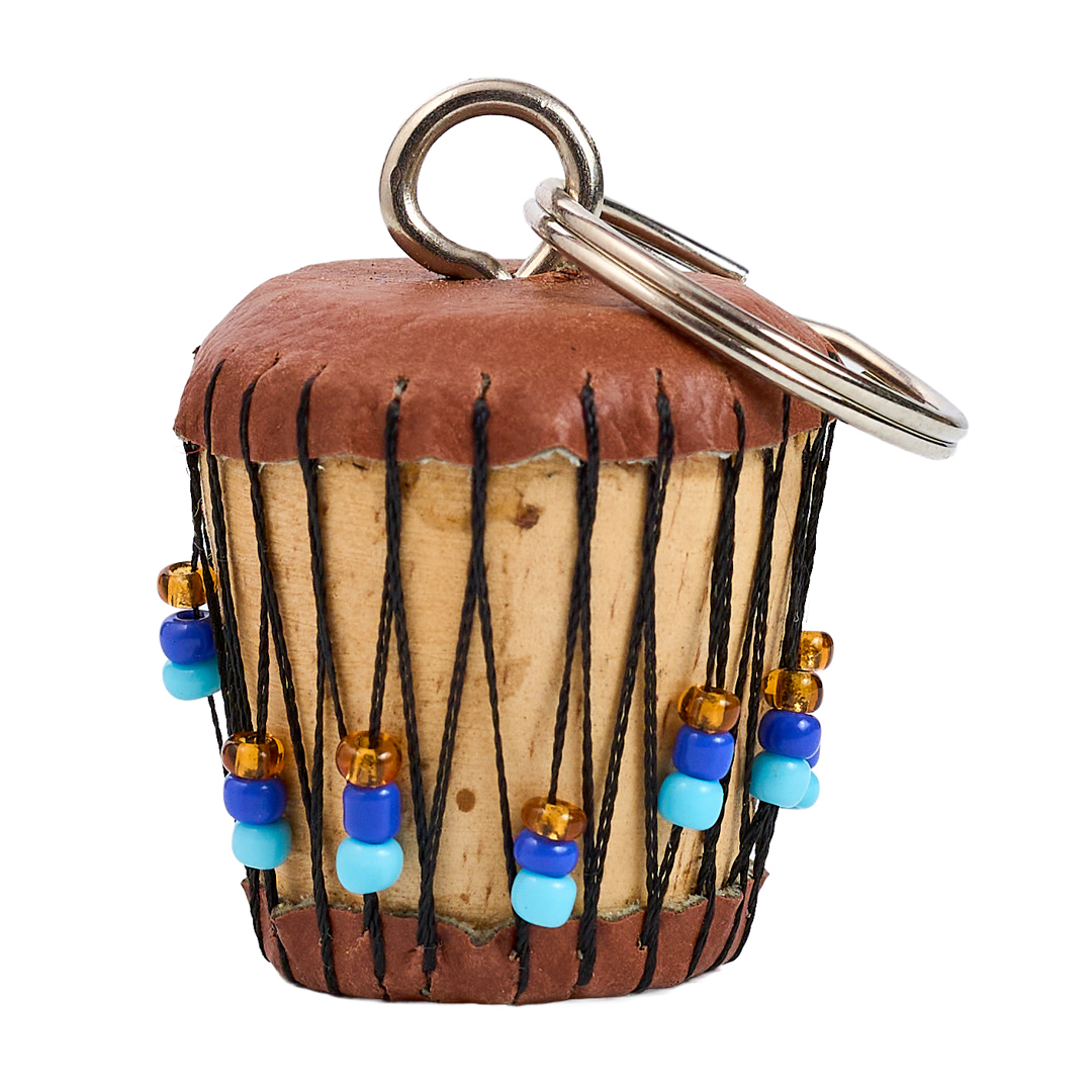 Handcrafted Miniature African Drum Beaded Keychain (Tan/Blue Edition)