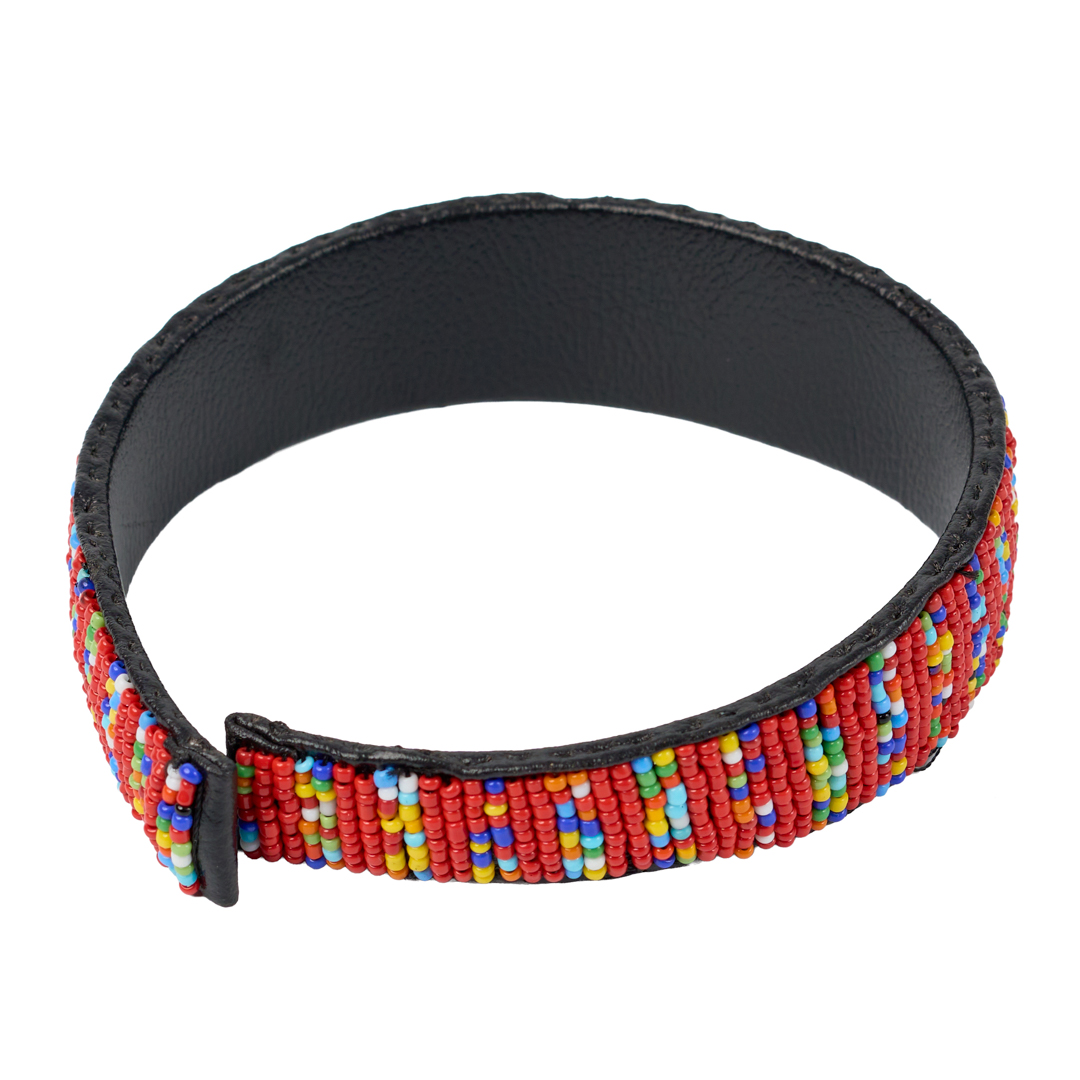 Handcrafted Maasai Beaded Leather Head Band (Crimson Red Tribal)