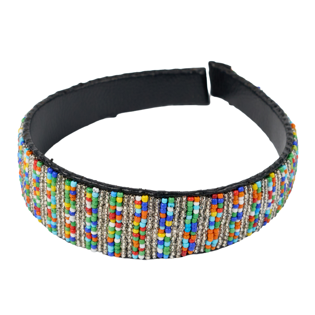 Handcrafted Maasai Beaded Leather Head Band (Metallic Silver & Multi-Color Tribal)