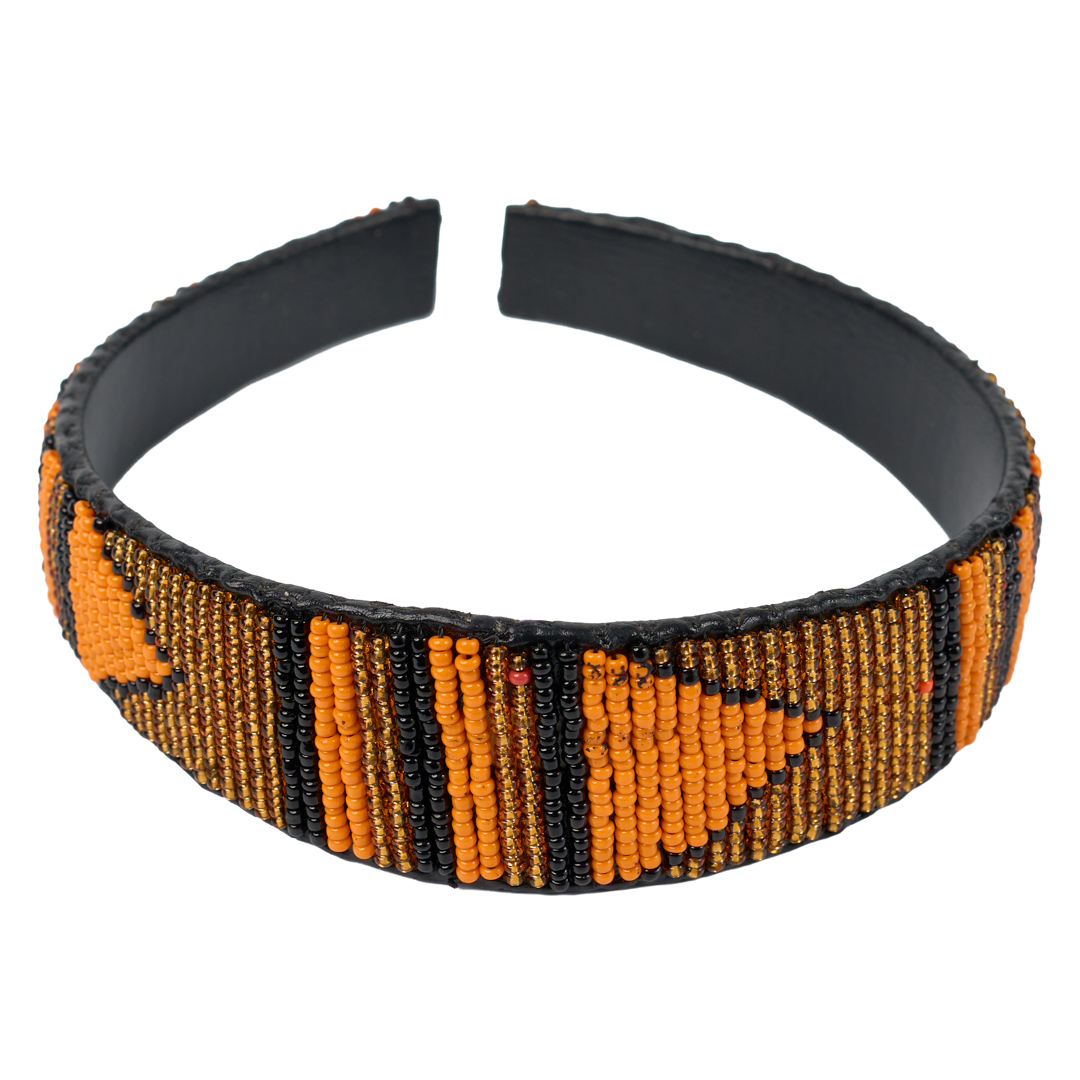Handcrafted Maasai Beaded Leather Head Band (Tangerine Orange & Gold Arrow)