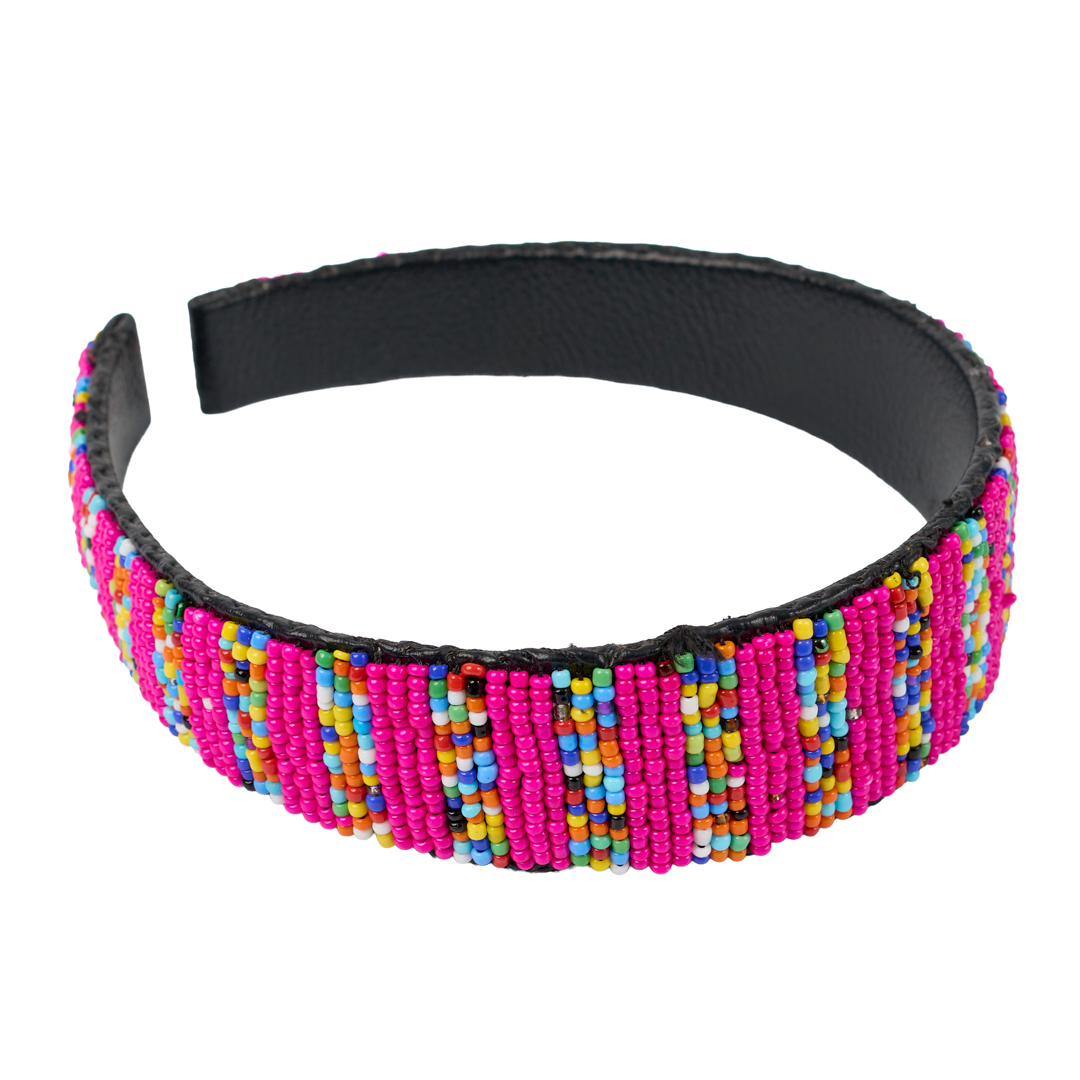 Handcrafted Maasai Beaded Leather Head Band (Fuchsia Pink Tribal)