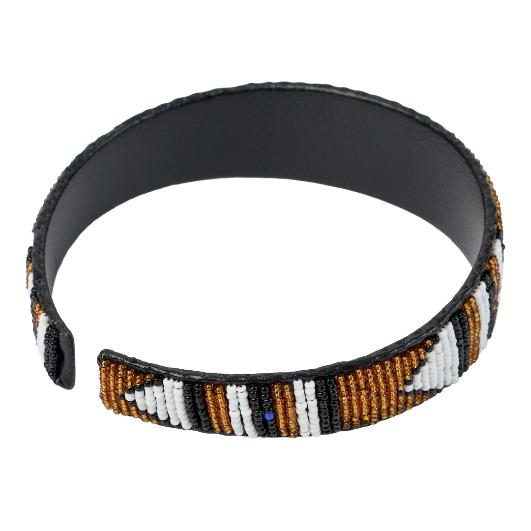 Handcrafted Maasai Beaded Leather Head Band (Metallic Monochrome Arrow)