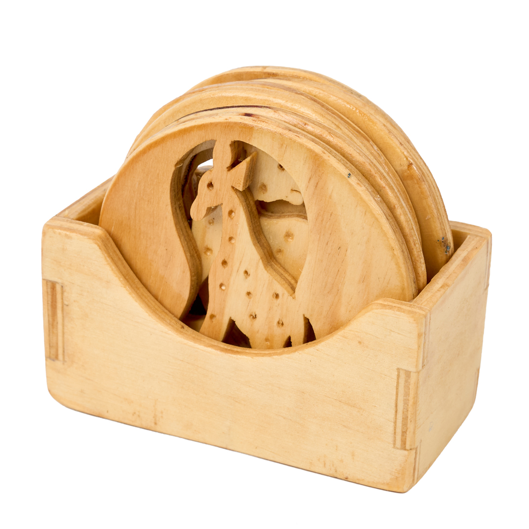 Hand-Carved Olive Wood Safari Cutout Coasters (Set of 6 with Holder)