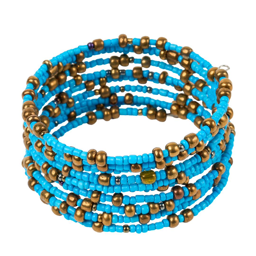 Handcrafted Maasai Beaded Sky Blue & Bronze Coil Wrap Bracelet