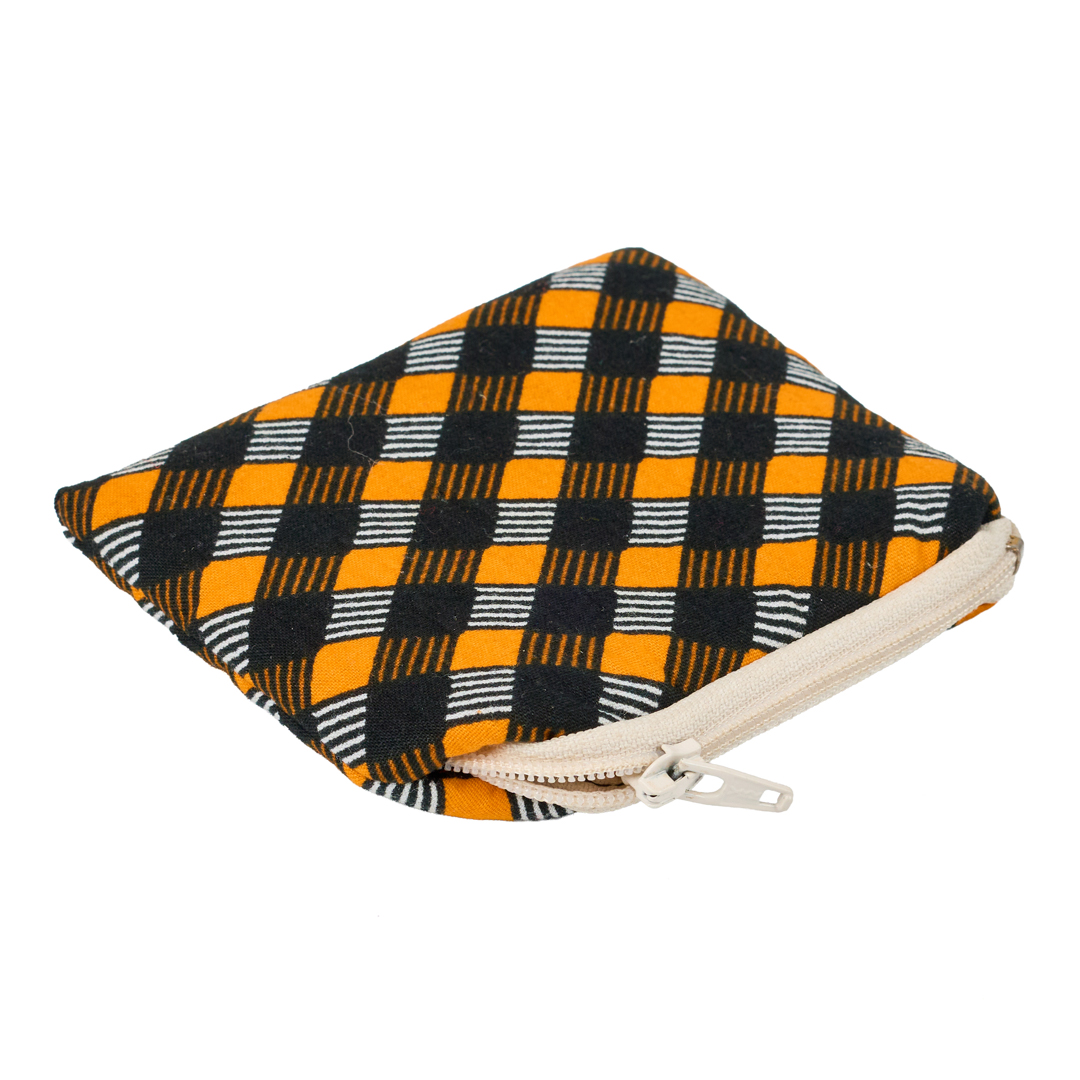 Handcrafted African Print Canvas Coin Purse-Orange & Black Woven Check