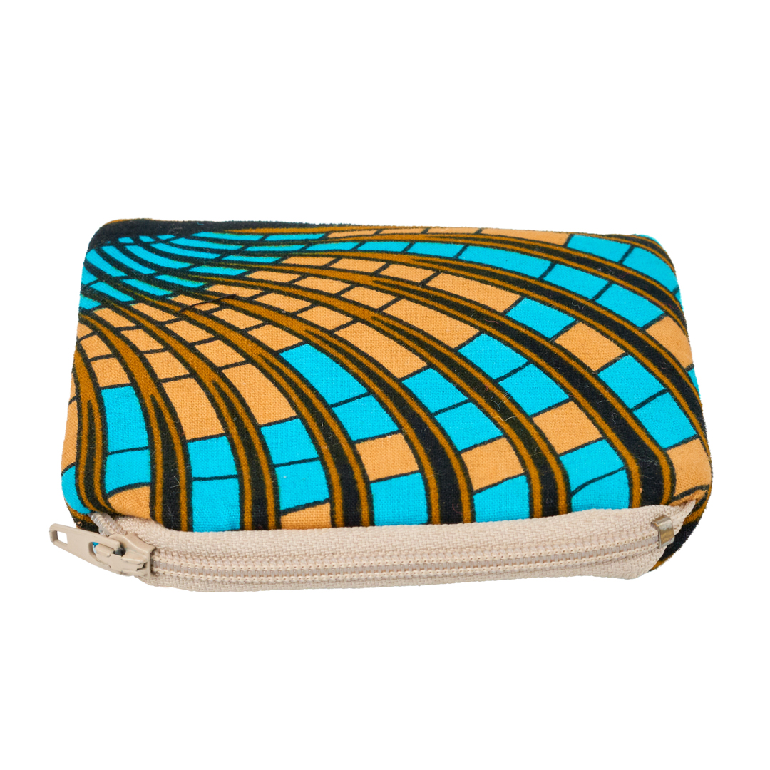Handcrafted African Print Canvas Coin Purse-Blue & Gold Architectural Curve