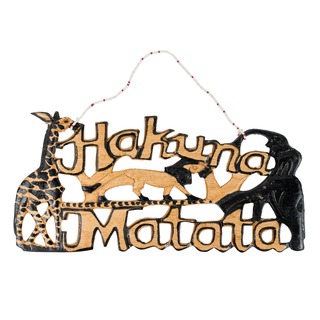 Hand-Carved Wooden "Hakuna Matata" with Giraffe & elephant Safari Wall Sign
