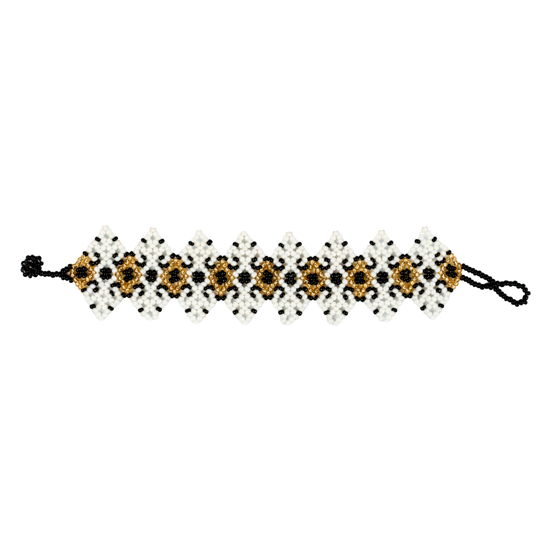 hand woven star shape multi color seed beads bracelet, pattern design, Miyuki bracelet(Crisp White & Gold)