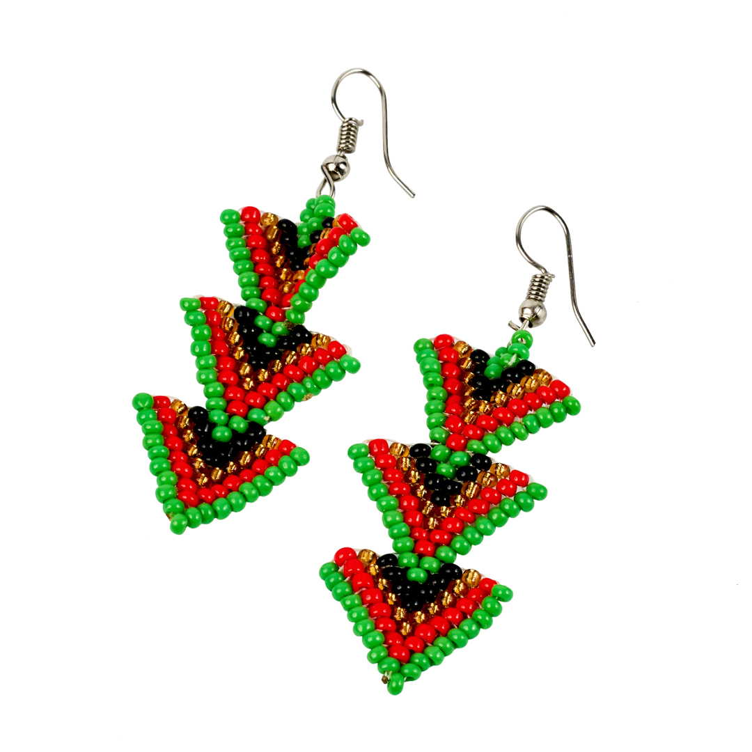 Maasai Beaded Tiered Triangle Earrings (Green, Red & Gold)