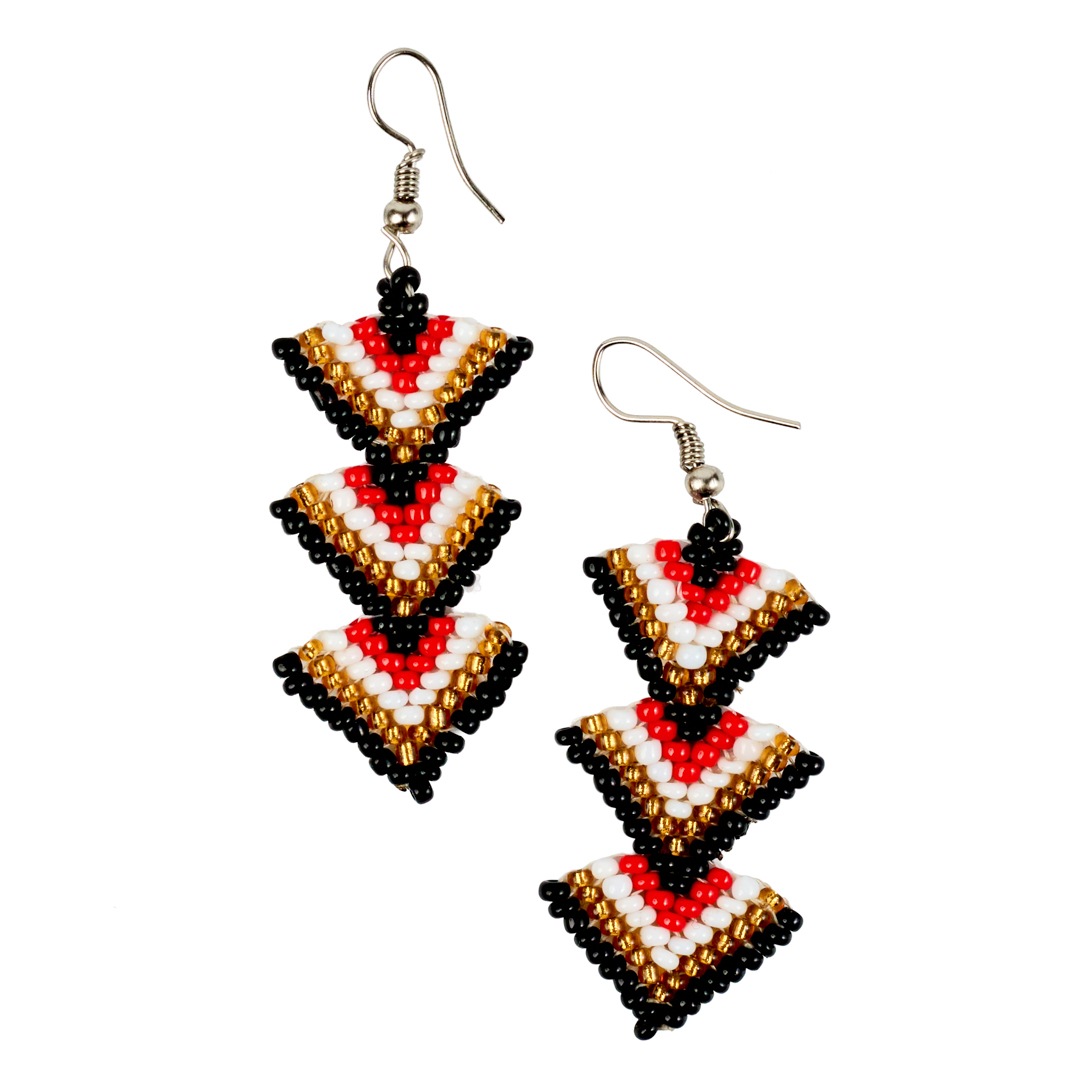 Maasai Beaded Tiered Triangle Earrings (White, Red & Gold)